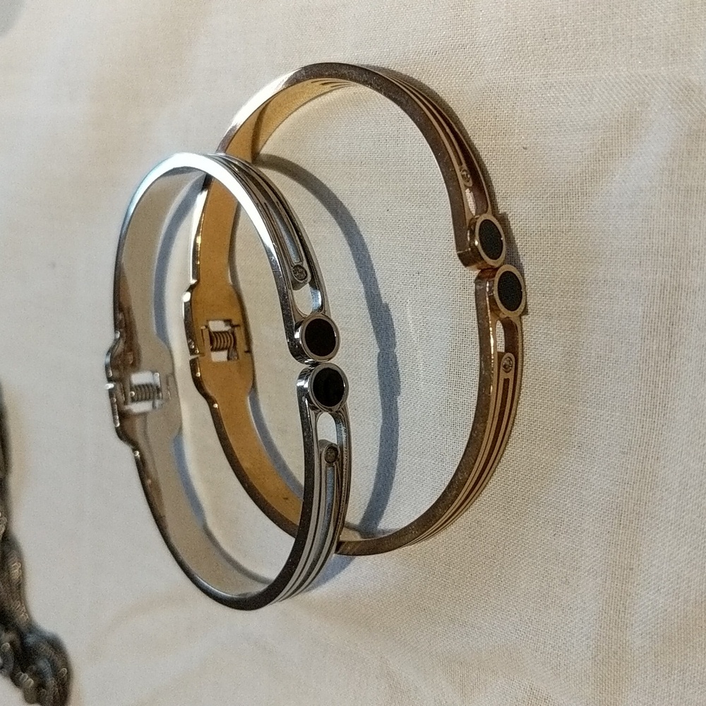Set of 2 Bracelet Bangles Silver Gold Faux Stones Statement Jewelry